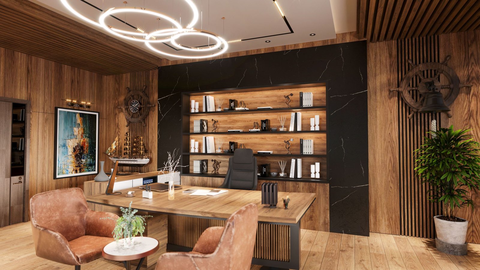 A settled, warmly furnished office interior built to last.